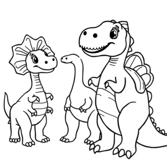 Rejected group of dinosaur characters crowded together with a tail cropped at the right edge