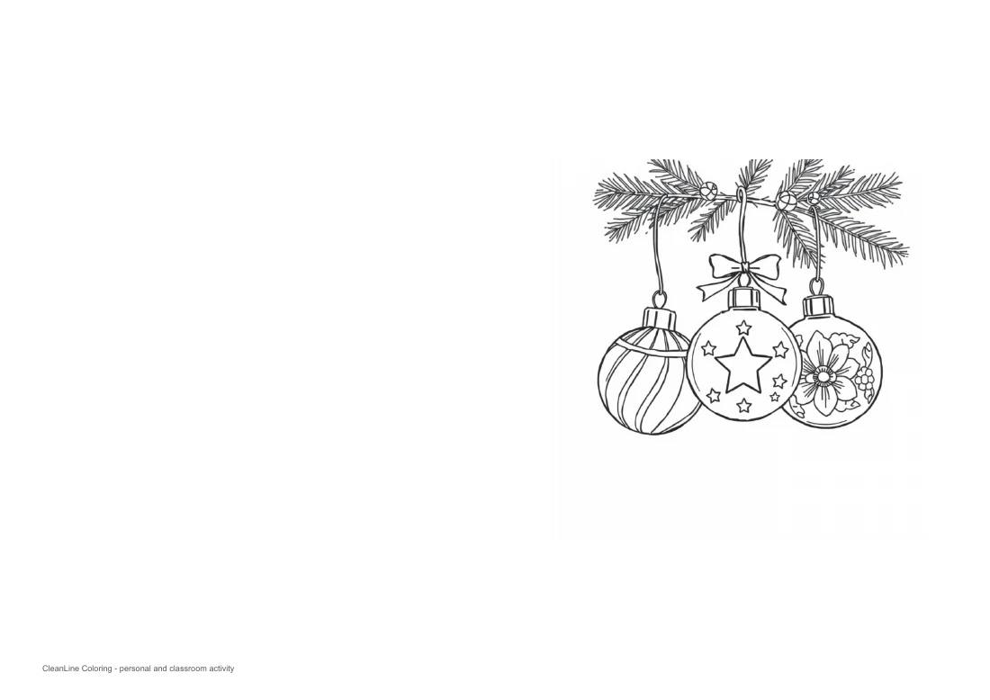 Actual A4 landscape PDF render with a blank left panel and three hanging ornaments on the right