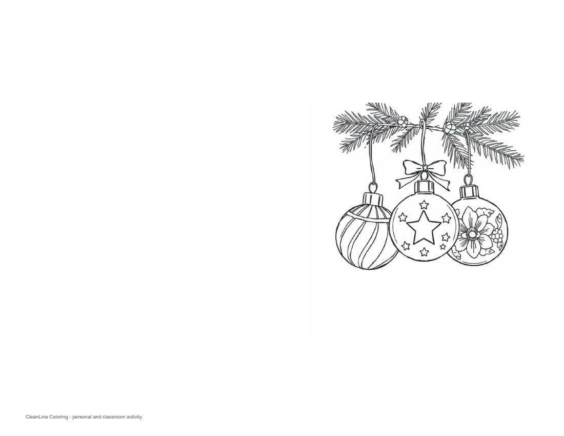 Actual LETTER landscape PDF render with a blank left panel and three hanging ornaments on the right