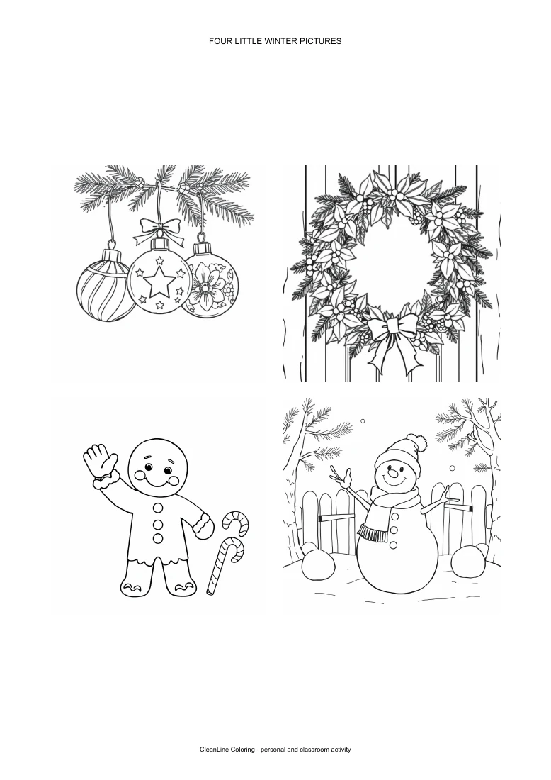 Actual rendered A4 sheet containing four separate winter coloring pictures