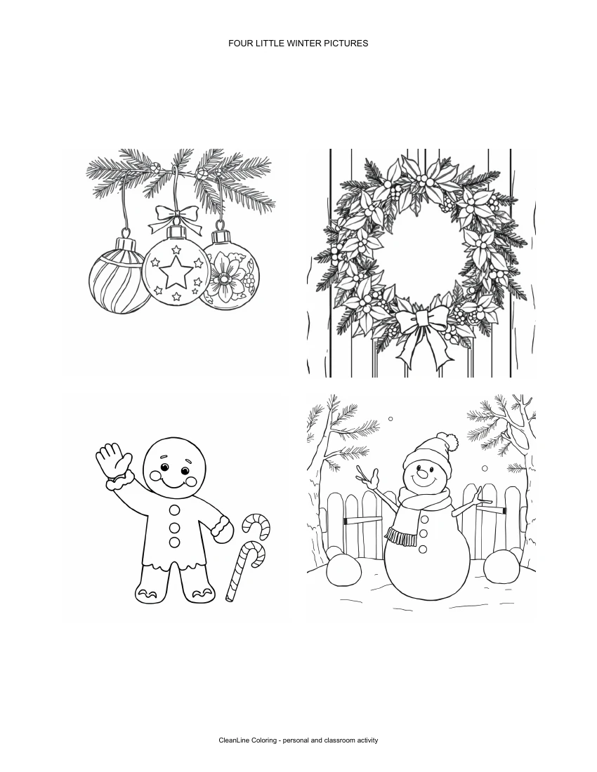 Actual rendered Letter sheet containing ornament, wreath, gingerbread and snowman pictures