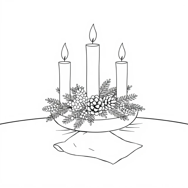 Candle table AI-generated black-and-white coloring illustration, visually reviewed