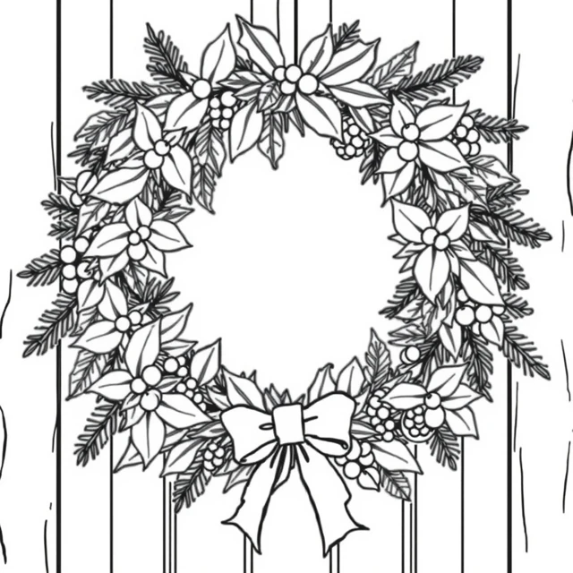 Door wreath AI-generated black-and-white coloring illustration, visually reviewed