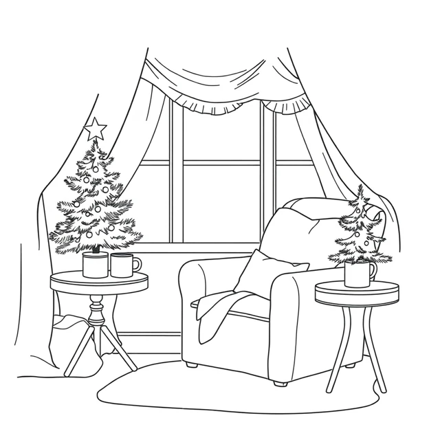 Festive reading corner AI-generated black-and-white coloring illustration, visually reviewed