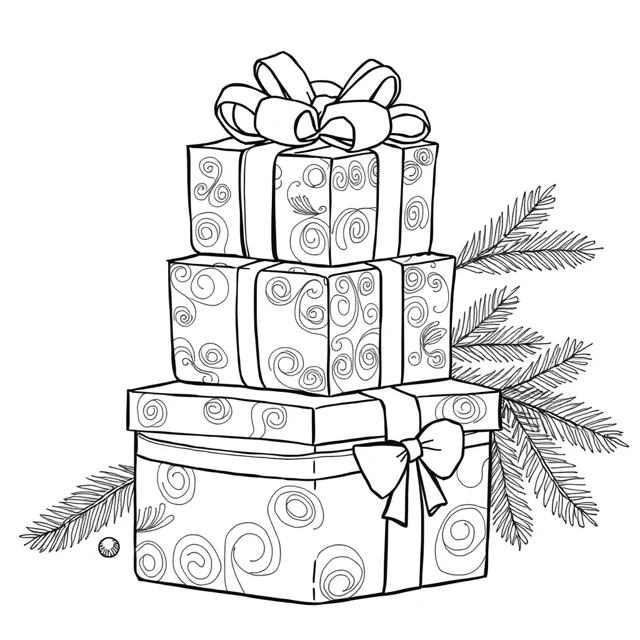 Gift stack AI-generated black-and-white coloring illustration, visually reviewed