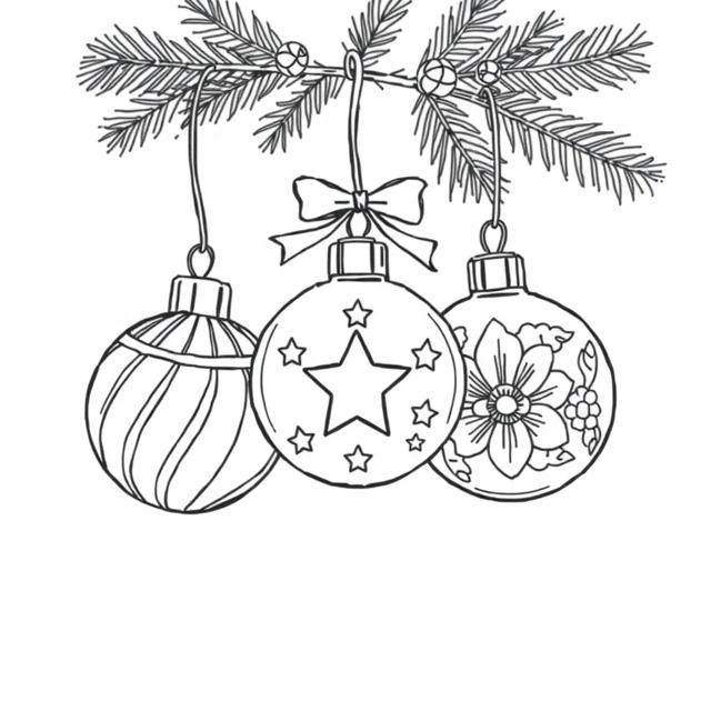 Hanging ornament trio AI-generated black-and-white coloring illustration, visually reviewed