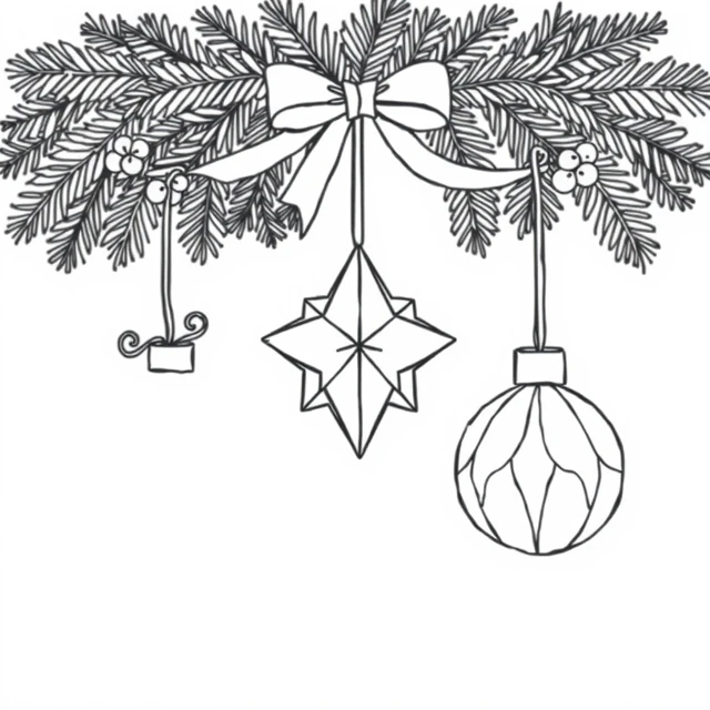 Paper star and bauble AI-generated black-and-white coloring illustration, visually reviewed