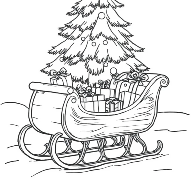Sleigh delivery AI-generated black-and-white coloring illustration, visually reviewed