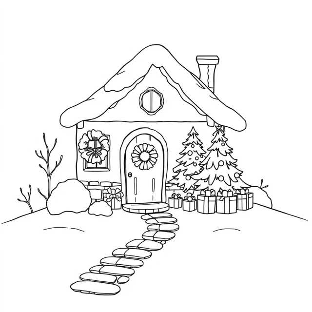Snowy cottage AI-generated black-and-white coloring illustration, visually reviewed