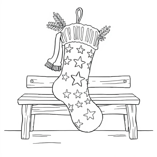 Star-patterned stocking AI-generated black-and-white coloring illustration, visually reviewed