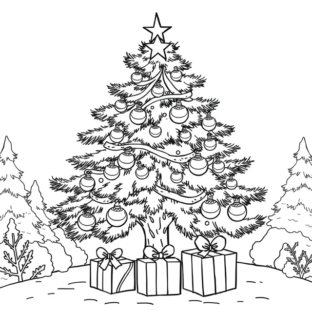 Tree and parcels AI-generated black-and-white coloring illustration, visually reviewed