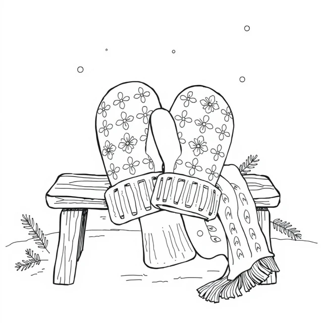 Winter mitten pair AI-generated black-and-white coloring illustration, visually reviewed