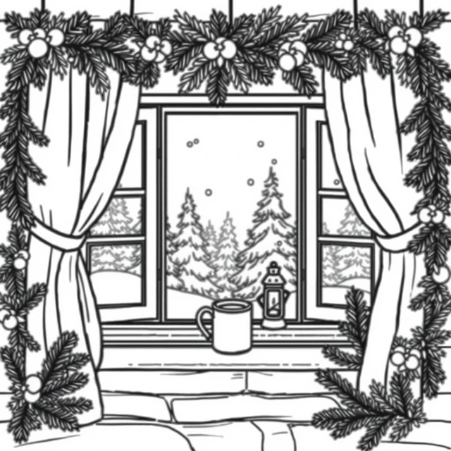 Winter window AI-generated black-and-white coloring illustration, visually reviewed