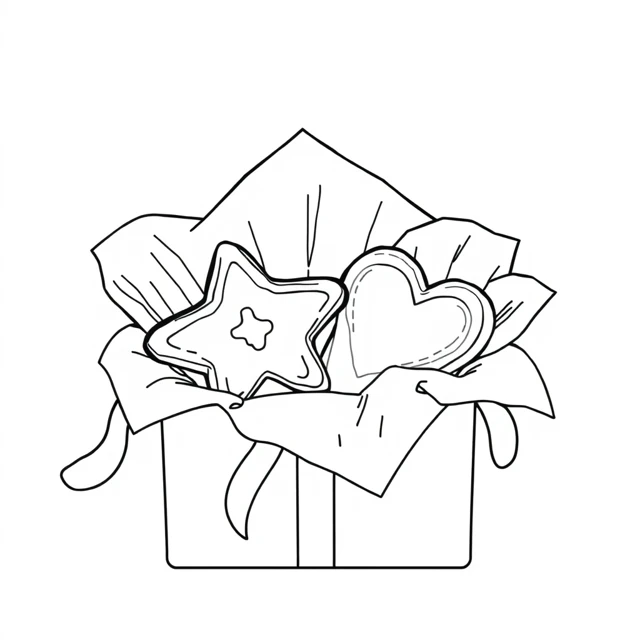Cookie gift box AI-generated black-and-white coloring illustration, visually reviewed
