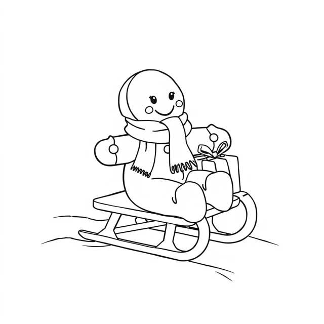 Cookie on a sled AI-generated black-and-white coloring illustration, visually reviewed