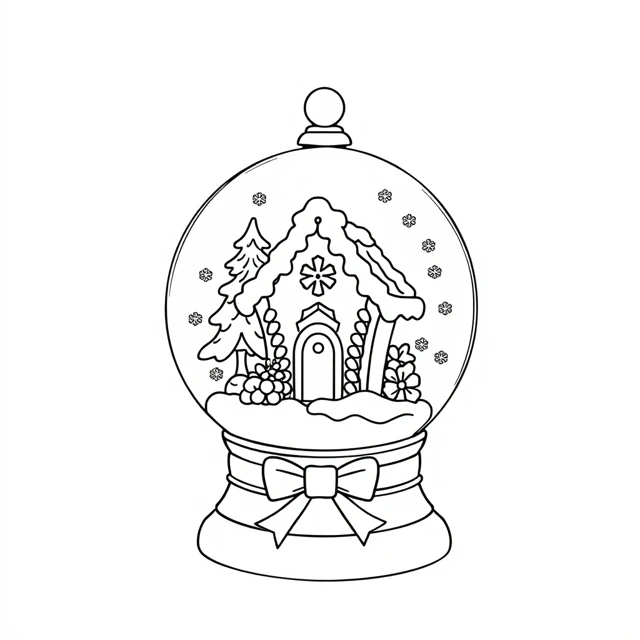 Cookie snow globe AI-generated black-and-white coloring illustration, visually reviewed