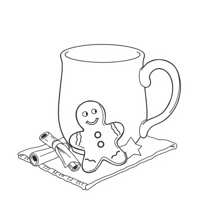 Gingerbread and mug AI-generated black-and-white coloring illustration, visually reviewed