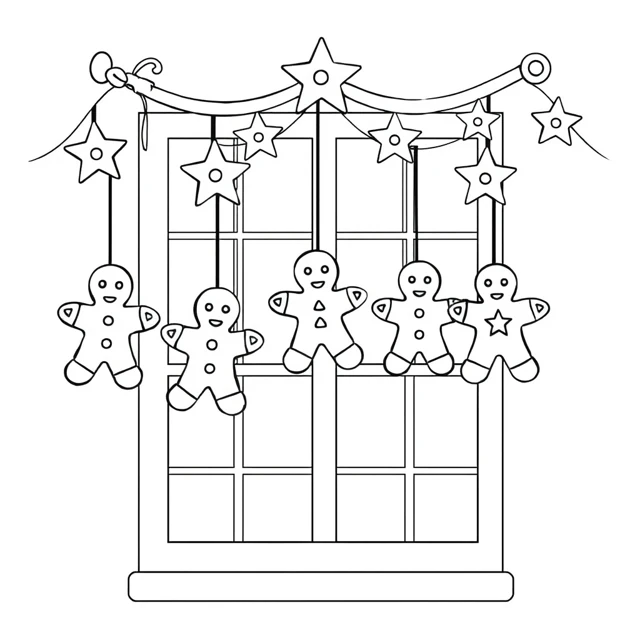 Gingerbread garland AI-generated black-and-white coloring illustration, visually reviewed