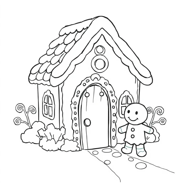 House and cookie AI-generated black-and-white coloring illustration, visually reviewed