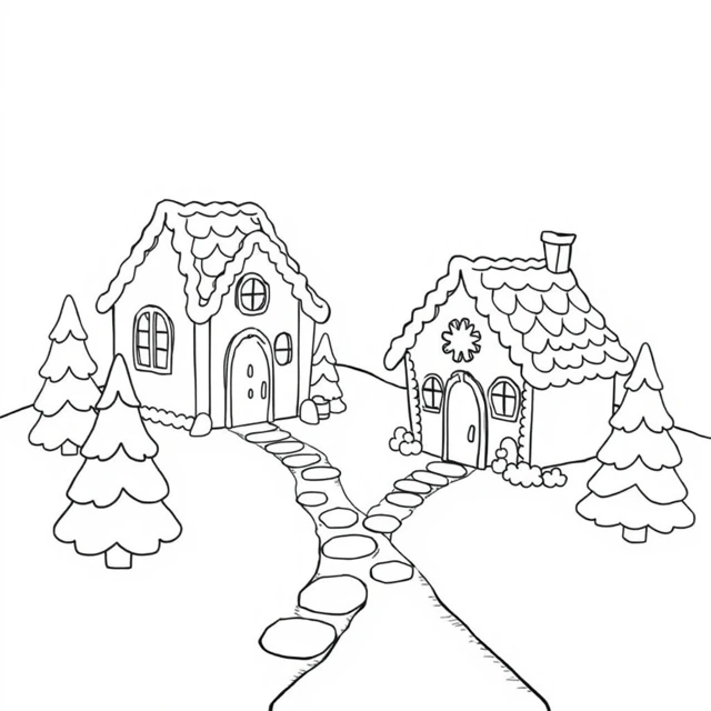 Icing village AI-generated black-and-white coloring illustration, visually reviewed