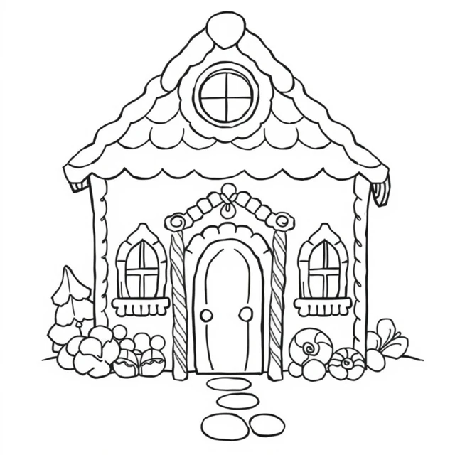 Round window cottage AI-generated black-and-white coloring illustration, visually reviewed
