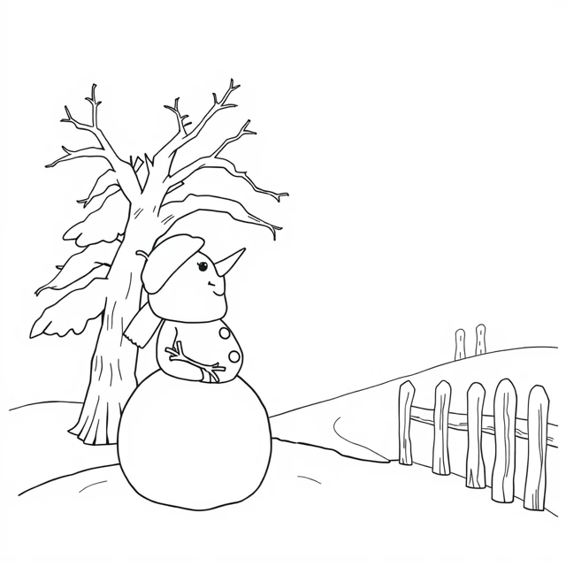 Snowman and tree reviewed uncolored illustration